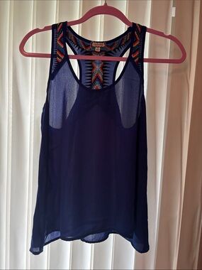 Navy With Colorful Embroidery Trim Racerback Tank Top